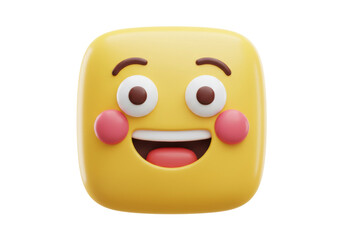 Smiling yellow emoji isolated on transparent background, 3D rendering of a happy face with rosy cheeks for social media and design