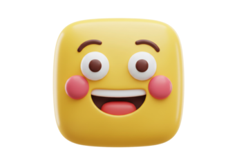 Smiling yellow emoji isolated on transparent background, 3D rendering of a happy face with rosy cheeks for social media and design