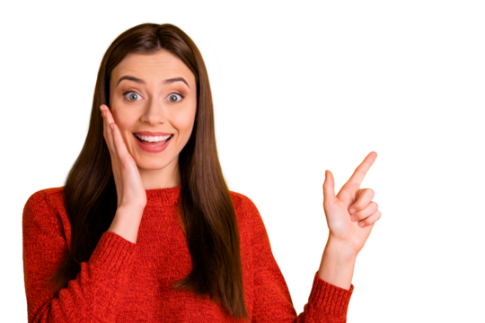 Photo of charming gorgeous attractive youngster pointing at empty space for new important essential information expressing surprise with face emotionally isolated vivid color background