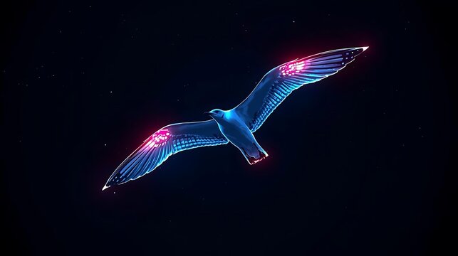A glowing neon bird with intricate wireframe details soars through the dark night sky.