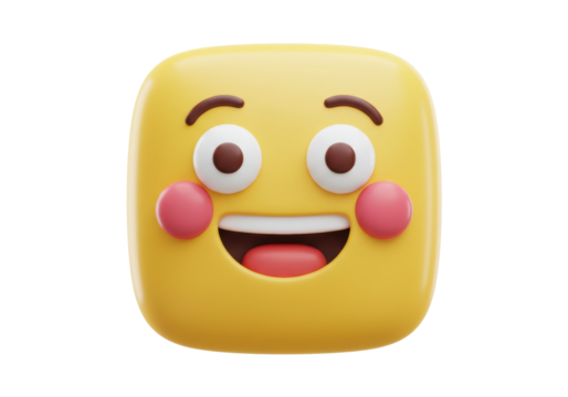 Smiling yellow emoji isolated on transparent background, 3D rendering of a happy face with rosy cheeks for social media and design