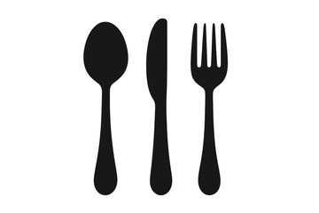 Silhouette cutlery set spoon knife fork vector illustration, black tableware symbols, dining utensils icons, kitchen flat design isolated on transparent background, ordered set