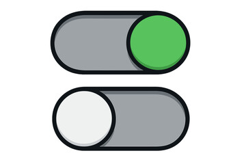 Toggle switch buttons on and off set, vector cartoon illustration with green and white sliders, user interface icons, technology controls, digital UI elements, gray background