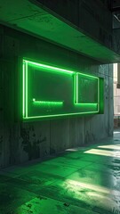 Abstract Green Neon Light Installation on Concrete Wall in Urban Setting