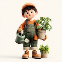 Cute Boy Gardener in Overalls Watering Plants 3D Render on White Background