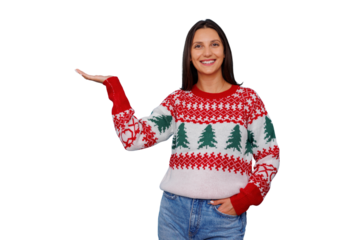 Happy young woman wearing festive christmas sweater presenting product on open palm with transparent background