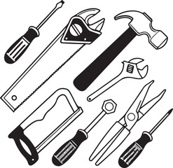 Creative hand-drawn toolbox illustration with organized repair tools, including screwdriver hamme,r plier, and wrench