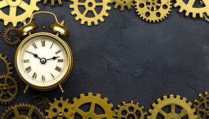 Time and productivity concept with clock and cogwheels showing organization and workflow.