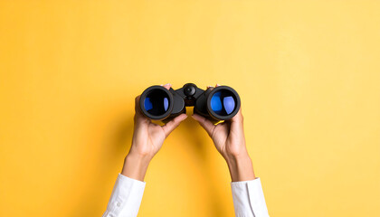 Hands holding binoculars on yellow background, symbolizing vision, exploration, and future opportunities.