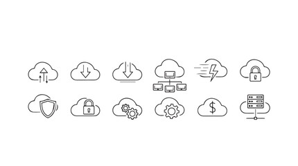 Cloud computing icons set featuring data storage security network and upload download operations vector