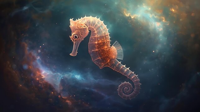 A majestic seahorse floats serenely in the cosmic expanse, surrounded by nebulae and stardust.