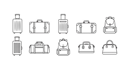 Collection of assorted luggage and travel bags line art icons for tourism and adventure vector