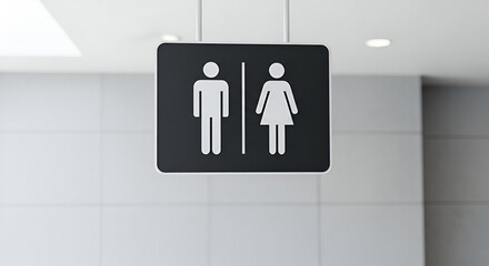Black and white restroom sign with male and female symbols hanging from the ceiling.