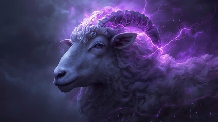 A majestic ram with glowing purple energy emanating from its horns and wool, set against a stormy, lightning-filled sky.