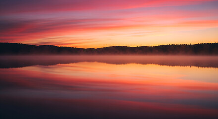 Obraz premium Vibrant sunset over a calm lake, reflecting the colorful sky and silhouetted trees.