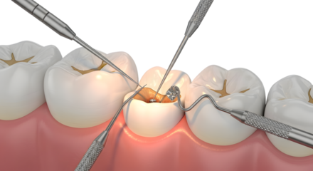 Dental procedure close up precise work on damaged tooth with specialized instruments in mouth