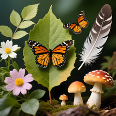 A vibrant and harmonious close-up composition of natural elements. Dominating the center is a beautiful butterfly with striking blue and black wings resting on a fresh green leaf