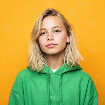 Young Australian woman in green clothing against a vibrant orange background
