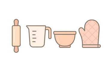 Set of essential kitchen baking tools including rolling pin, measuring cup, mixing bowl, and oven mitt for home use