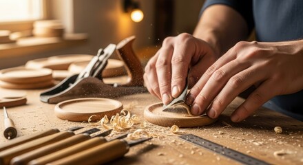Craftsman hands carefully carving wood with tools creating delicate wooden object art