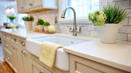Fototapeta premium Bright kitchen with white sink, beige cabinets, and fresh greenery for a clean, welcoming look