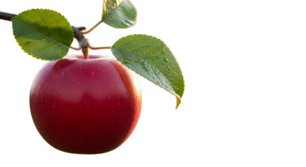 Ripe red apple with green leaves hanging on a branch in sunlight