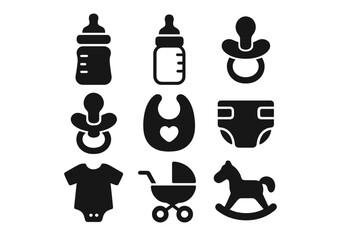 Baby essentials icon set. Minimalist silhouette vector graphics of infant care items. Includes bottle, pacifier, diaper, bib, stroller, onesie, and rocking horse toy.