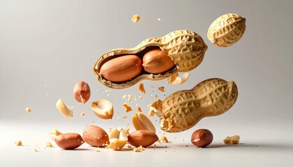 A peanut pod splitting apart, nuts scattering on a clean surface