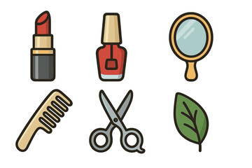 Beauty and grooming icons set with lipstick, nail polish, mirror, comb, scissors, and leaf. Vector cartoon illustration for cosmetics, salon, spa, and natural skincare concepts.