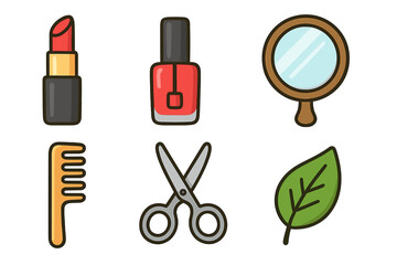 Natural beauty and organic cosmetics icon set. Vector cartoon icons for salon, spa, and grooming. Includes lipstick, nail polish, mirror, comb, scissors, and leaf symbol.