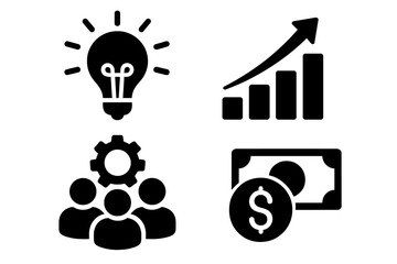 Business icon set with concepts of innovation, growth, teamwork, and finance. Vector glyph pictograms including lightbulb idea, progress chart, people collaboration, and money.