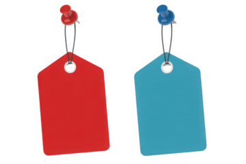 Red and blue price tags pinned with push pins isolated on white