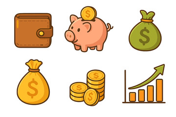 Finance icon set with wallet, piggy bank, money bag, and coins. Vector cartoon graphic for savings, investment, profit, and economic growth. Business budget and banking concept.