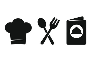 Culinary icon set with chef hat, crossed fork, spoon, and restaurant menu. Black silhouette vector symbols for cooking, food, dining, kitchen, gastronomy, and catering service.