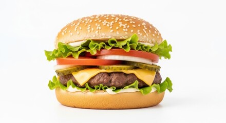 Fresh Cheeseburger with Lettuce Tomato Cheese and Pickles on Sesame Seed Bun