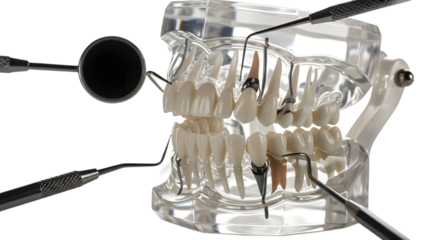 Dental implant model with surgical tools demonstrating tooth replacement procedure