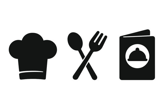 Culinary icon set with chef hat, crossed fork, spoon, and restaurant menu. Black silhouette vector symbols for cooking, food, dining, kitchen, gastronomy, and catering service.