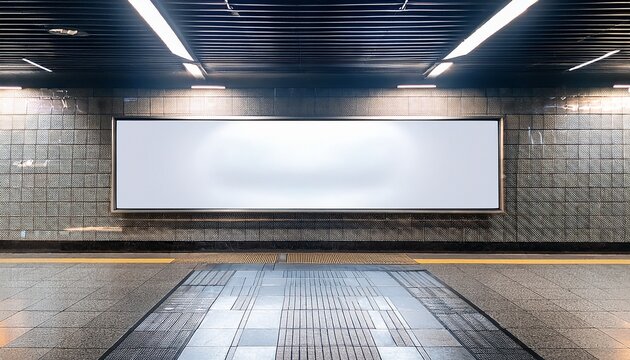 subway platform adorned with a long horizontal billboard and modern stone tile accents