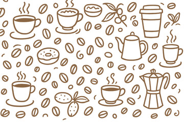Obraz premium Coffee seamless pattern doodle. Hand drawn vector background with coffee cup, beans, moka pot, donut. Cafe menu backdrop illustration. Espresso, cappuccino beverage concept.