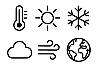 Minimalist weather icons set with thermometer, sun, snowflake, cloud, wind, and earth symbols, vector cartoon illustration with transparent background, ordered simple design for weather forecasts