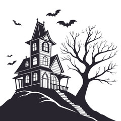 Spooky haunted house on a hill with bats