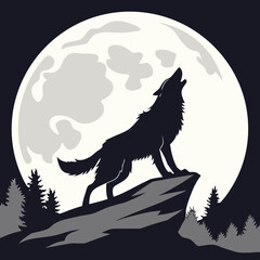 Silhouette of a wolf howling at the moon in a forest landscape at night