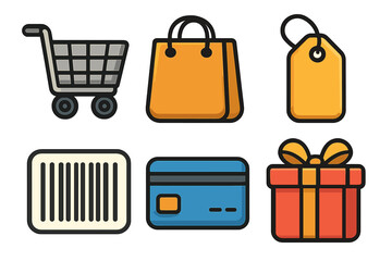 Shopping and retail icon set including shopping cart, paper bag, price tag, barcode, credit card, and gift box, colorful vector cartoon illustration with transparent background, ordered collection