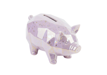 Geometric lavender piggy bank isolated on transparent background, modern polygonal coin container for savings and financial planning