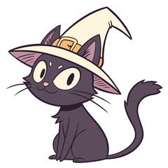 A charming black cat wearing a witch hat with a buckle