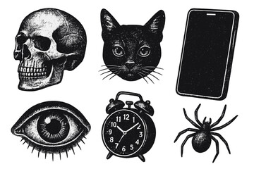 Retro negative photocopy effect grunge vector set with 3D skull, black cat, eye, smartphone, vintage alarm clock, and spider graphic design elements collection