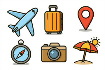 Travel icon set with airplane, luggage, location pin, compass, camera, beach umbrella, vector cartoon illustration, transparent background, ordered travel symbols collection