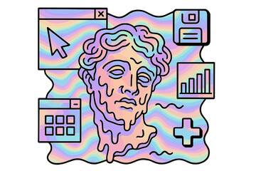 Wavy distorted vaporwave art illustration with retro 80s UI elements, melting antique statue head, holographic background, retrowave style collage, digital surreal concept
