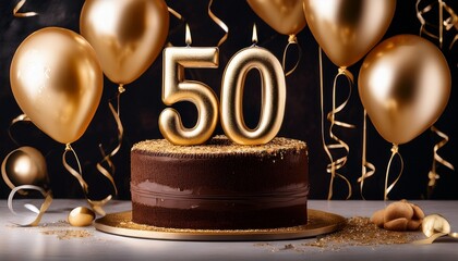 a decadent chocolate cake celebrates a 50th birthday with golden balloons and confetti