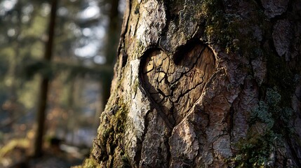 Fototapeta premium Heart shape carved into tree bark, forest background, natural sunlight1